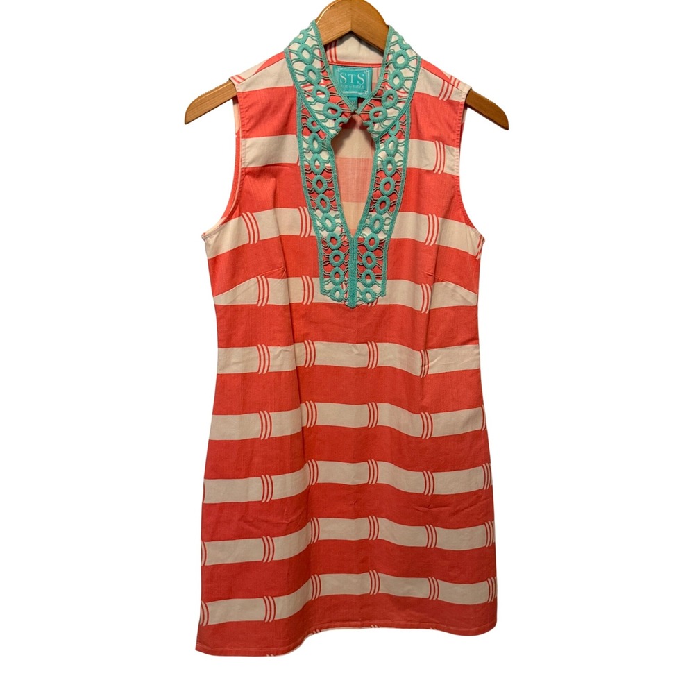 Sail to Sable Shift Dress Sz M Coral White Striped Embroidered‎ Neckline Preppy
